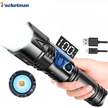 Fehér Lézer LED Zseblámpa Nagyítható Elektronikus Kijelző Fáklya USB Újratölthető Szuper Fényes Szabadtéri Taktikai Lámpa Halászati Kemping